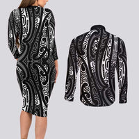New Zealand Maori Taniko Couples Matching Long Sleeve Bodycon Dress and Long Sleeve Button Shirt Black Kowhaiwhai Puhoro LT9 - Polynesian Pride