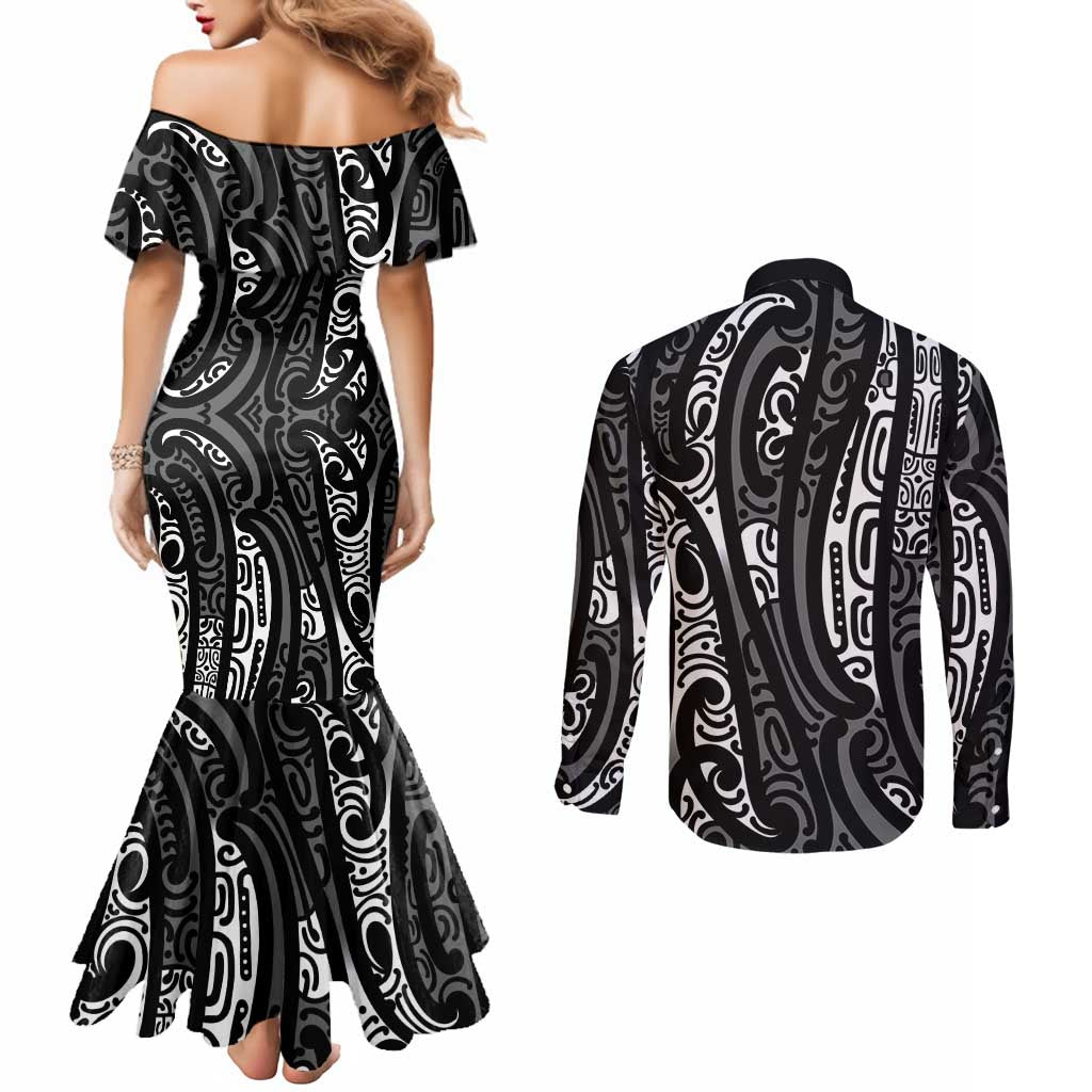 New Zealand Maori Taniko Couples Matching Mermaid Dress and Long Sleeve Button Shirt Black Kowhaiwhai Puhoro LT9 - Polynesian Pride
