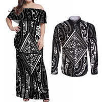New Zealand Maori Taniko Couples Matching Off Shoulder Maxi Dress and Long Sleeve Button Shirt Black Kowhaiwhai Puhoro LT9 Black - Polynesian Pride