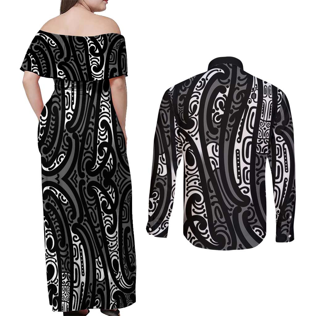 New Zealand Maori Taniko Couples Matching Off Shoulder Maxi Dress and Long Sleeve Button Shirt Black Kowhaiwhai Puhoro LT9 - Polynesian Pride