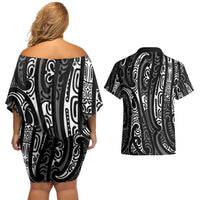 New Zealand Maori Taniko Couples Matching Off Shoulder Short Dress and Hawaiian Shirt Black Kowhaiwhai Puhoro LT9 - Polynesian Pride