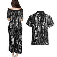 New Zealand Maori Taniko Couples Matching Puletasi and Hawaiian Shirt Black Kowhaiwhai Puhoro