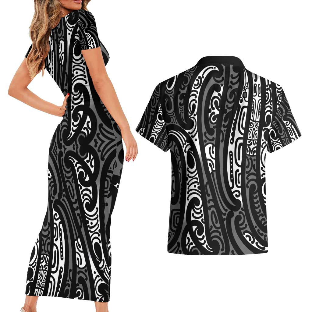 New Zealand Maori Taniko Couples Matching Short Sleeve Bodycon Dress and Hawaiian Shirt Black Kowhaiwhai Puhoro LT9 - Polynesian Pride