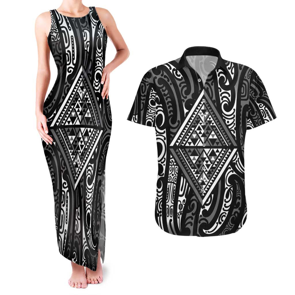 New Zealand Maori Taniko Couples Matching Tank Maxi Dress and Hawaiian Shirt Black Kowhaiwhai Puhoro LT9 Black - Polynesian Pride