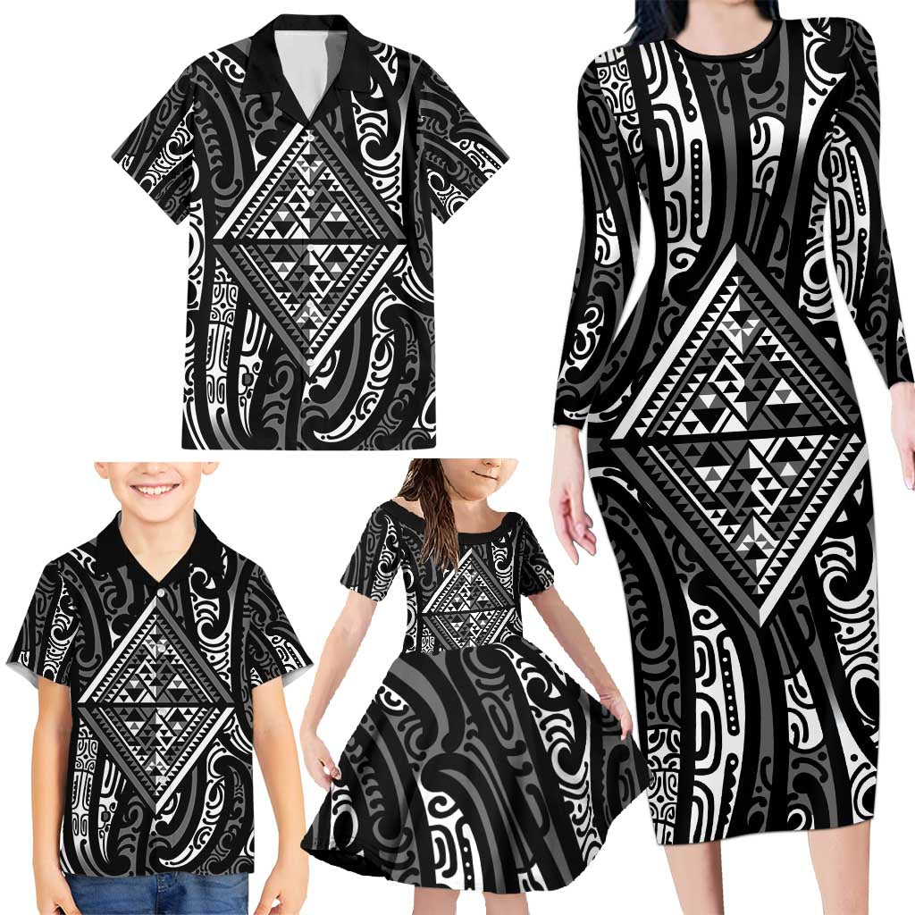 New Zealand Maori Taniko Family Matching Long Sleeve Bodycon Dress and Hawaiian Shirt Black Kowhaiwhai Puhoro LT9 - Polynesian Pride