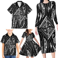 New Zealand Maori Taniko Family Matching Long Sleeve Bodycon Dress and Hawaiian Shirt Black Kowhaiwhai Puhoro LT9 - Polynesian Pride