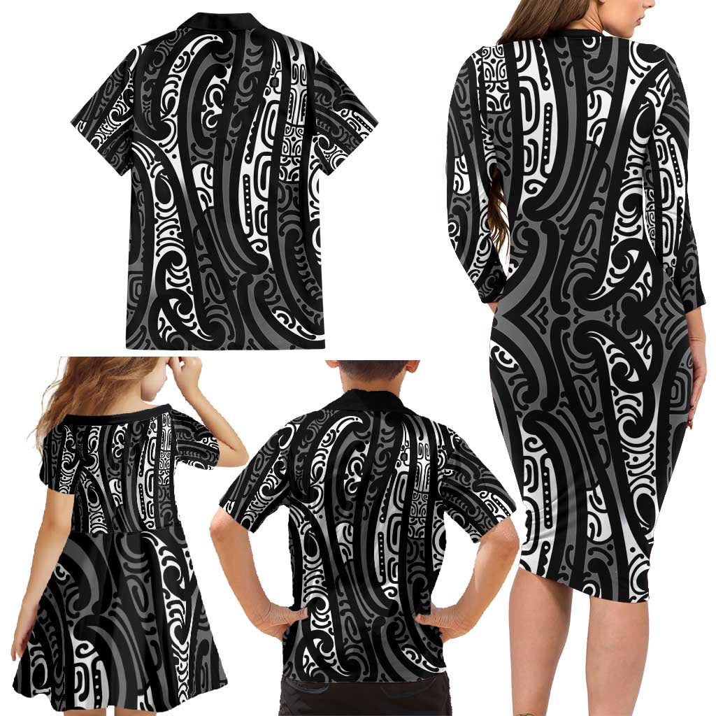 New Zealand Maori Taniko Family Matching Long Sleeve Bodycon Dress and Hawaiian Shirt Black Kowhaiwhai Puhoro LT9 - Polynesian Pride