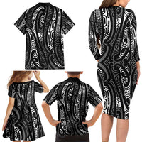 New Zealand Maori Taniko Family Matching Long Sleeve Bodycon Dress and Hawaiian Shirt Black Kowhaiwhai Puhoro LT9 - Polynesian Pride