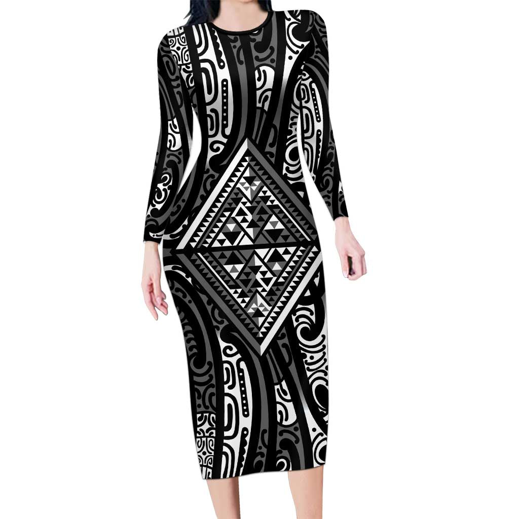 New Zealand Maori Taniko Family Matching Long Sleeve Bodycon Dress and Hawaiian Shirt Black Kowhaiwhai Puhoro LT9 Mom's Dress Black - Polynesian Pride