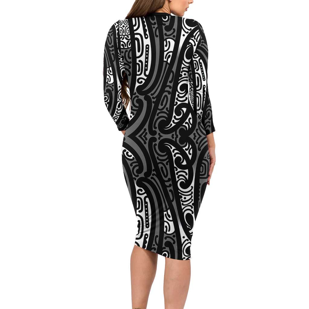 New Zealand Maori Taniko Family Matching Long Sleeve Bodycon Dress and Hawaiian Shirt Black Kowhaiwhai Puhoro LT9 - Polynesian Pride