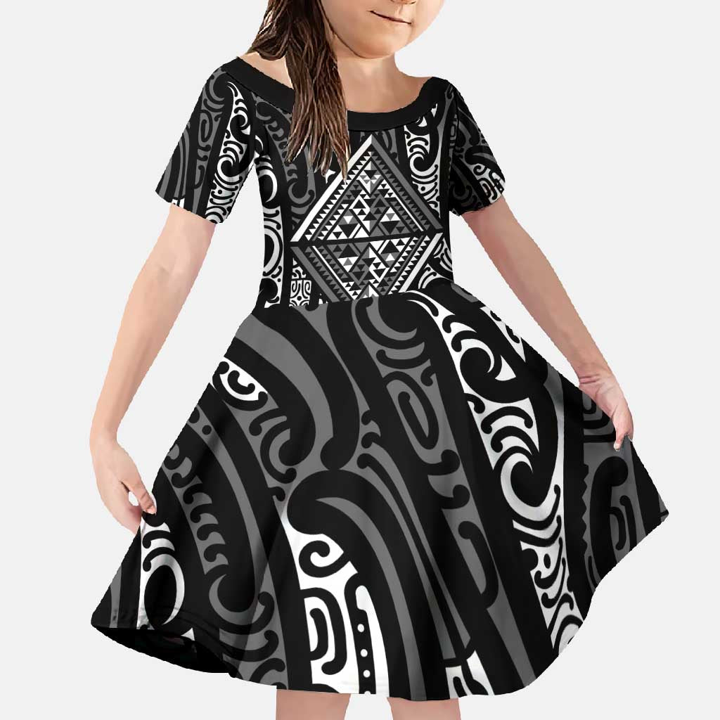 New Zealand Maori Taniko Family Matching Mermaid Dress and Hawaiian Shirt Black Kowhaiwhai Puhoro LT9 Daughter's Dress Black - Polynesian Pride