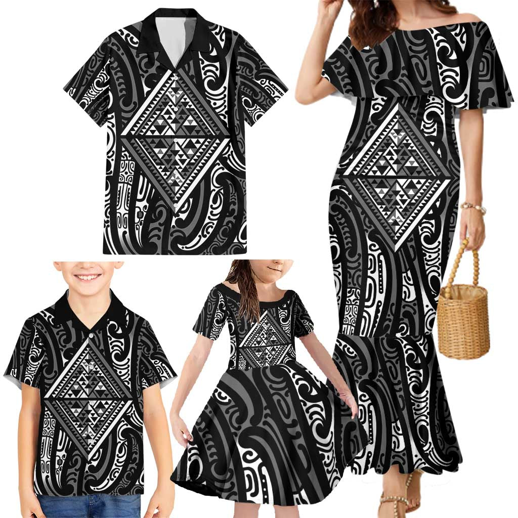 New Zealand Maori Taniko Family Matching Mermaid Dress and Hawaiian Shirt Black Kowhaiwhai Puhoro LT9 - Polynesian Pride