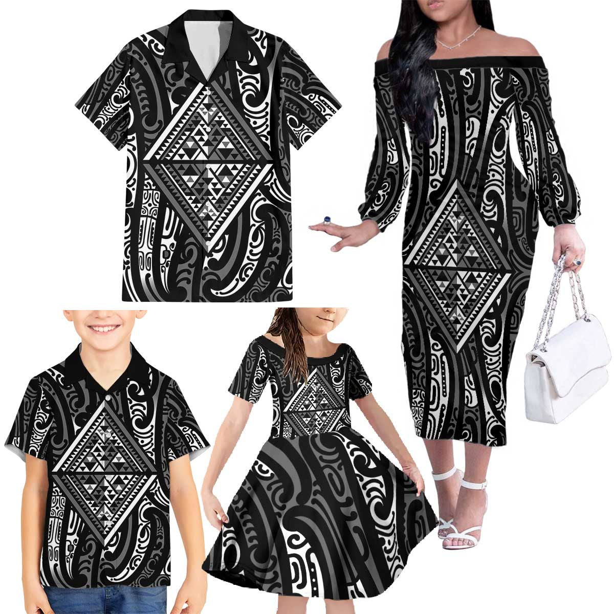 New Zealand Maori Taniko Family Matching Off The Shoulder Long Sleeve Dress and Hawaiian Shirt Black Kowhaiwhai Puhoro LT9 - Polynesian Pride