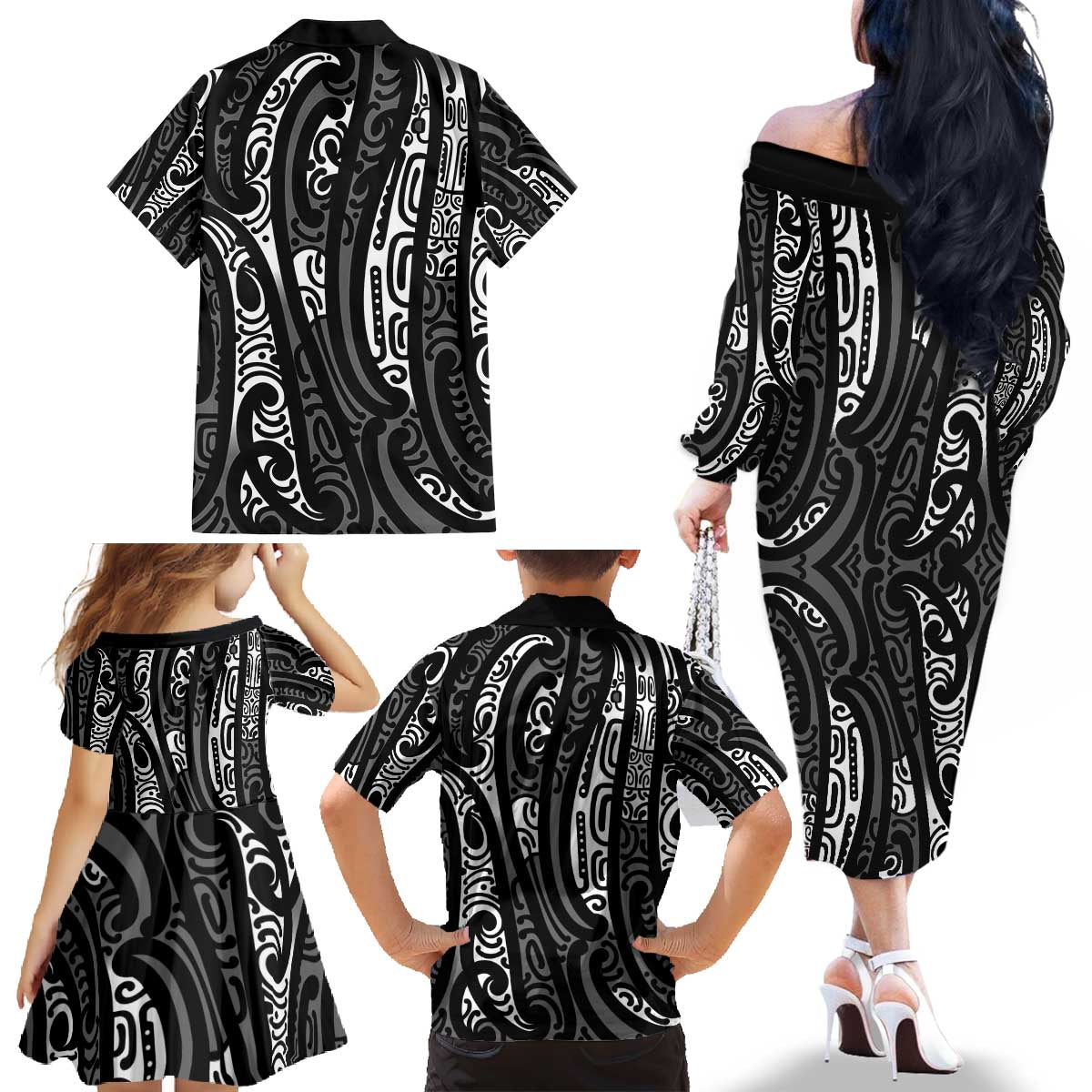 New Zealand Maori Taniko Family Matching Off The Shoulder Long Sleeve Dress and Hawaiian Shirt Black Kowhaiwhai Puhoro LT9 - Polynesian Pride