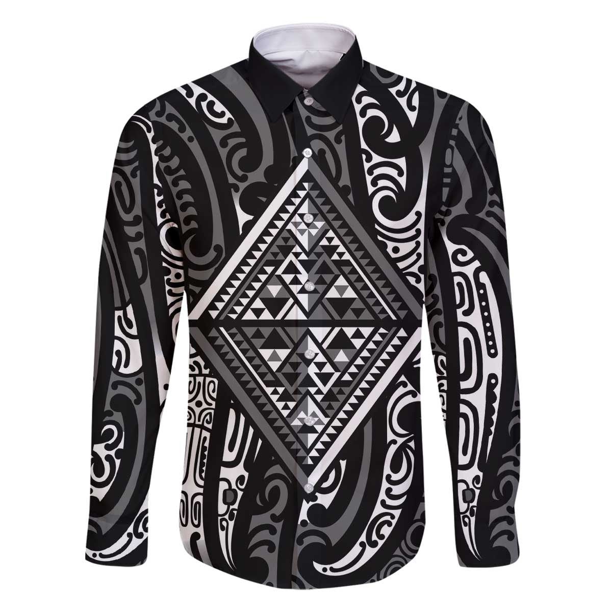 New Zealand Maori Taniko Family Matching Off The Shoulder Long Sleeve Dress and Hawaiian Shirt Black Kowhaiwhai Puhoro LT9 Dad's Shirt - Long Sleeve Black - Polynesian Pride