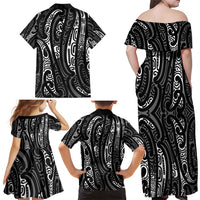 New Zealand Maori Taniko Family Matching Off Shoulder Maxi Dress and Hawaiian Shirt Black Kowhaiwhai Puhoro LT9 - Polynesian Pride
