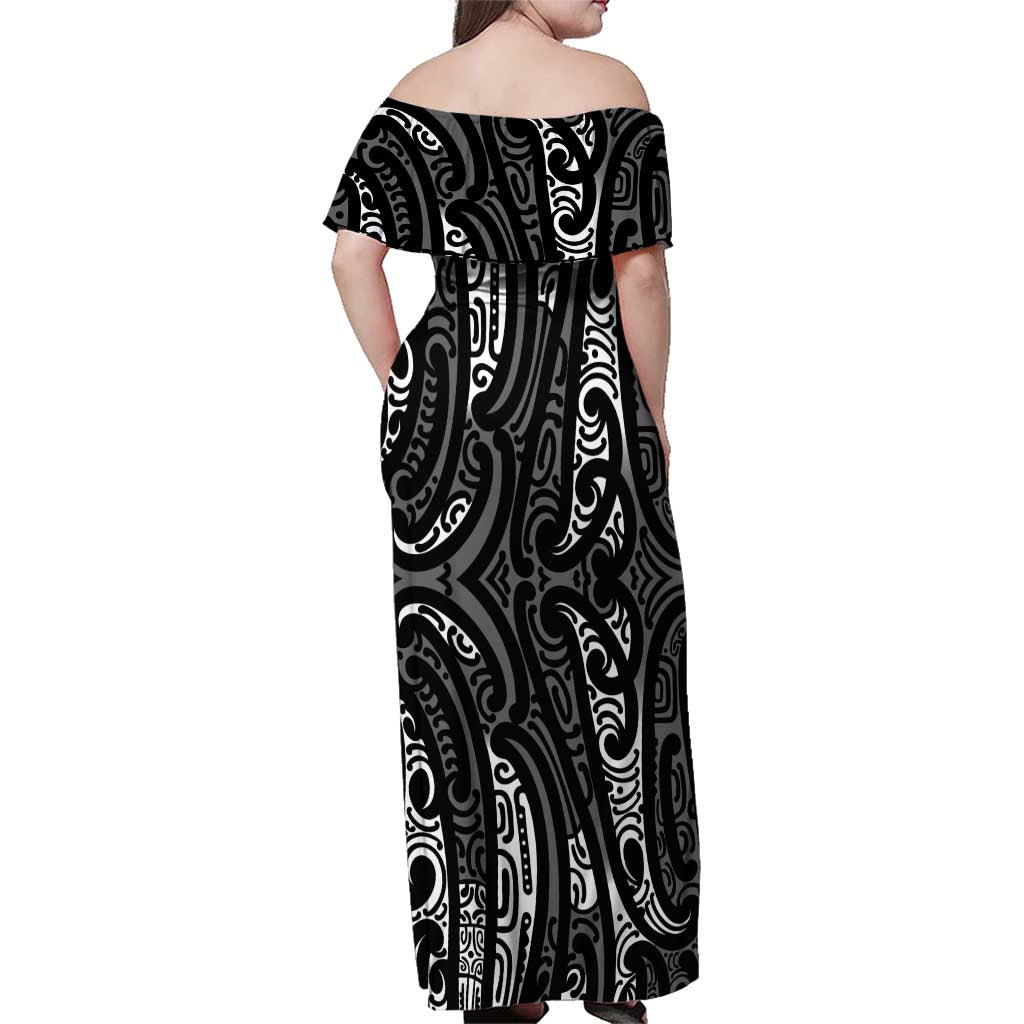New Zealand Maori Taniko Family Matching Off Shoulder Maxi Dress and Hawaiian Shirt Black Kowhaiwhai Puhoro LT9 - Polynesian Pride
