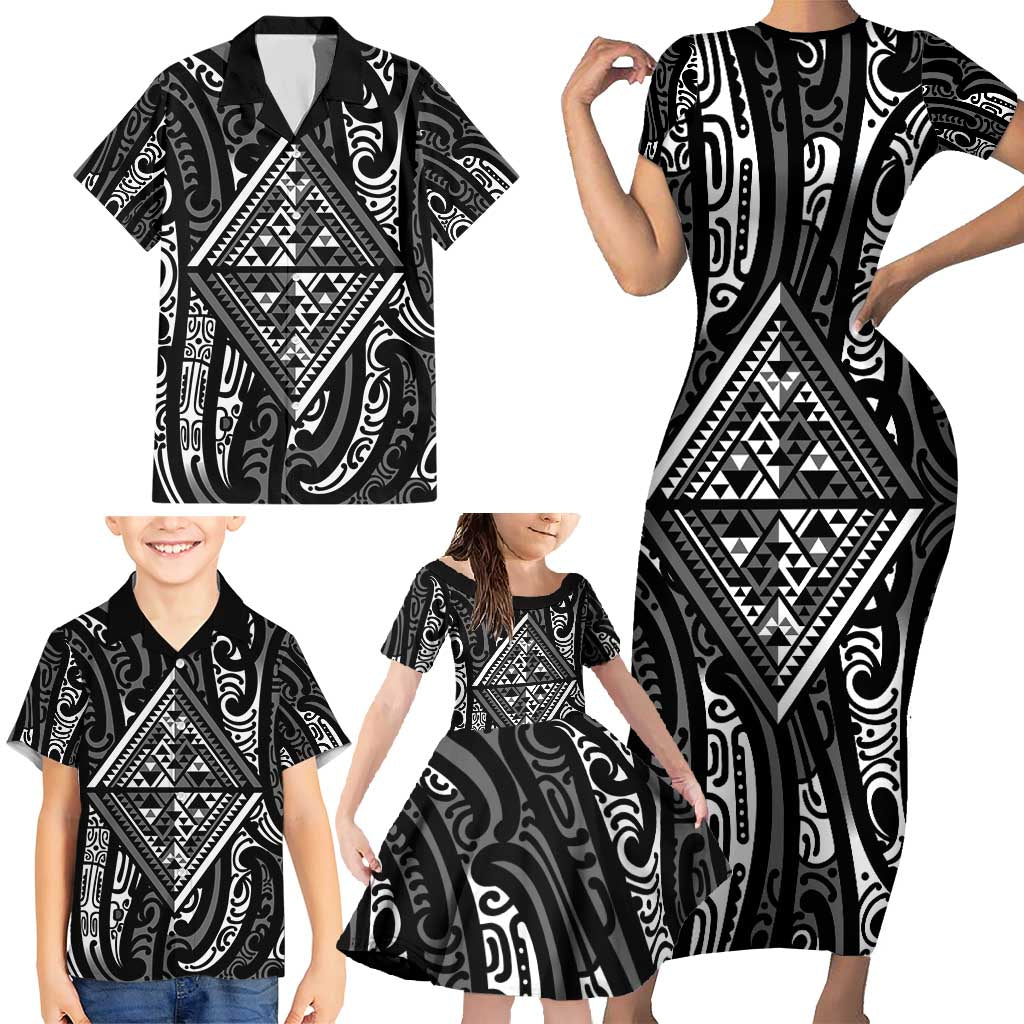 New Zealand Maori Taniko Family Matching Short Sleeve Bodycon Dress and Hawaiian Shirt Black Kowhaiwhai Puhoro LT9 - Polynesian Pride