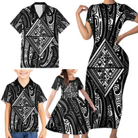 New Zealand Maori Taniko Family Matching Short Sleeve Bodycon Dress and Hawaiian Shirt Black Kowhaiwhai Puhoro LT9 - Polynesian Pride