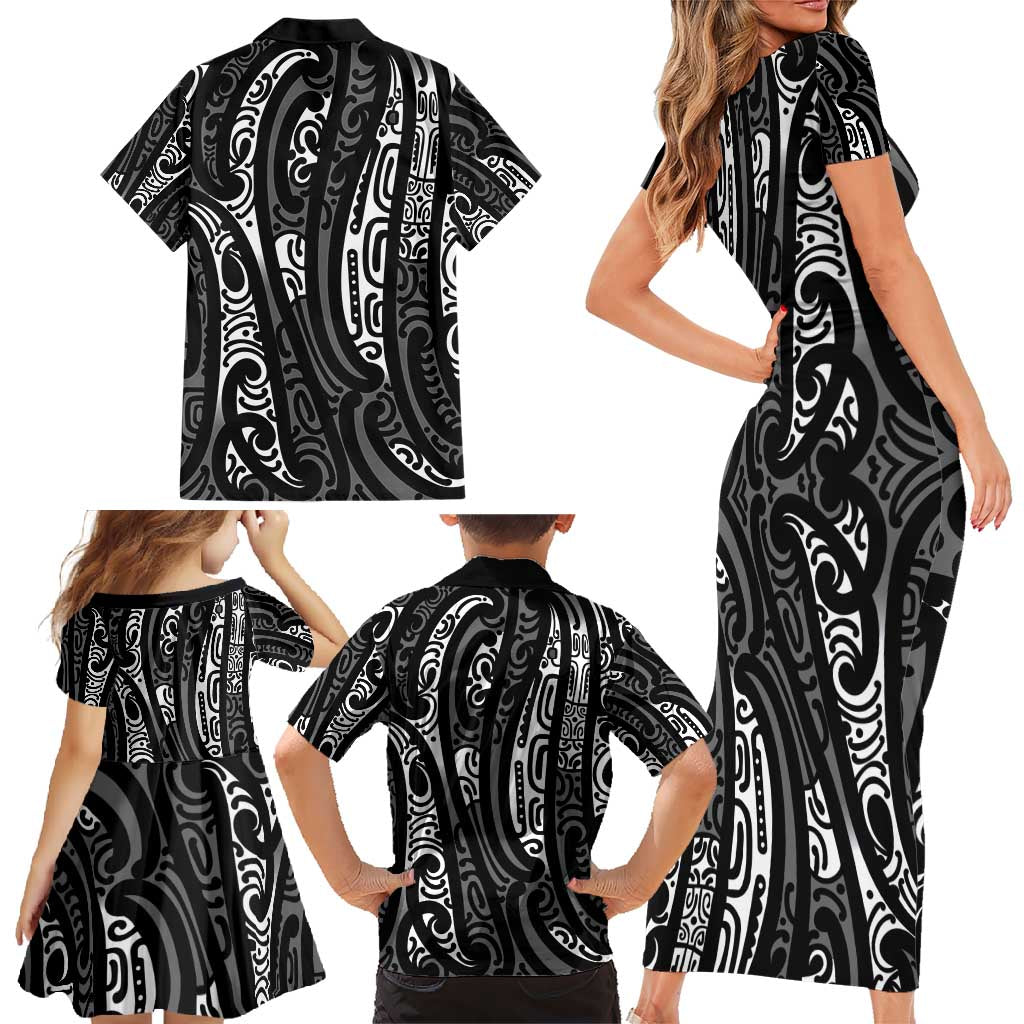 New Zealand Maori Taniko Family Matching Short Sleeve Bodycon Dress and Hawaiian Shirt Black Kowhaiwhai Puhoro LT9 - Polynesian Pride