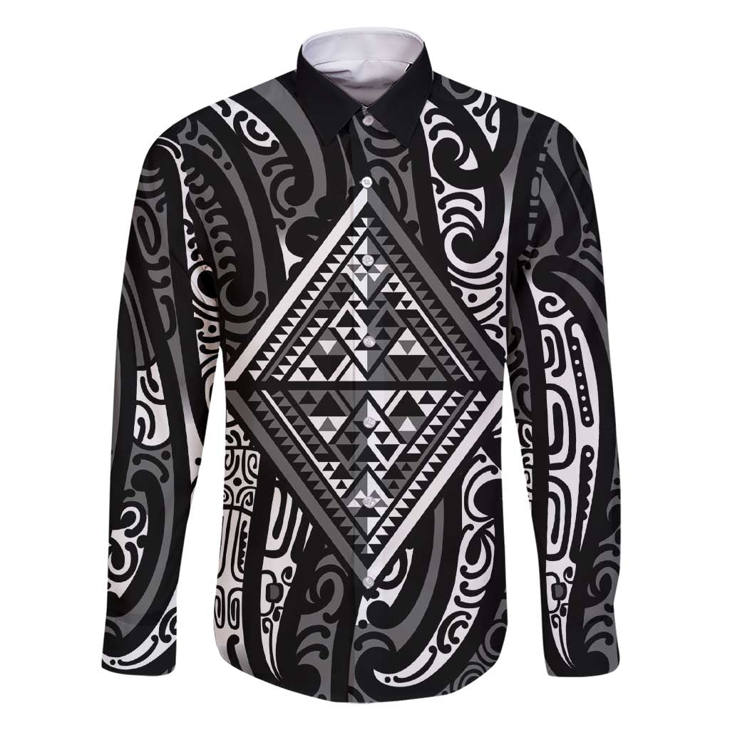 New Zealand Maori Taniko Family Matching Short Sleeve Bodycon Dress and Hawaiian Shirt Black Kowhaiwhai Puhoro LT9 Dad's Shirt - Long Sleeve Black - Polynesian Pride