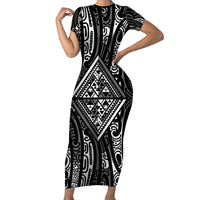 New Zealand Maori Taniko Family Matching Short Sleeve Bodycon Dress and Hawaiian Shirt Black Kowhaiwhai Puhoro LT9 Mom's Dress Black - Polynesian Pride