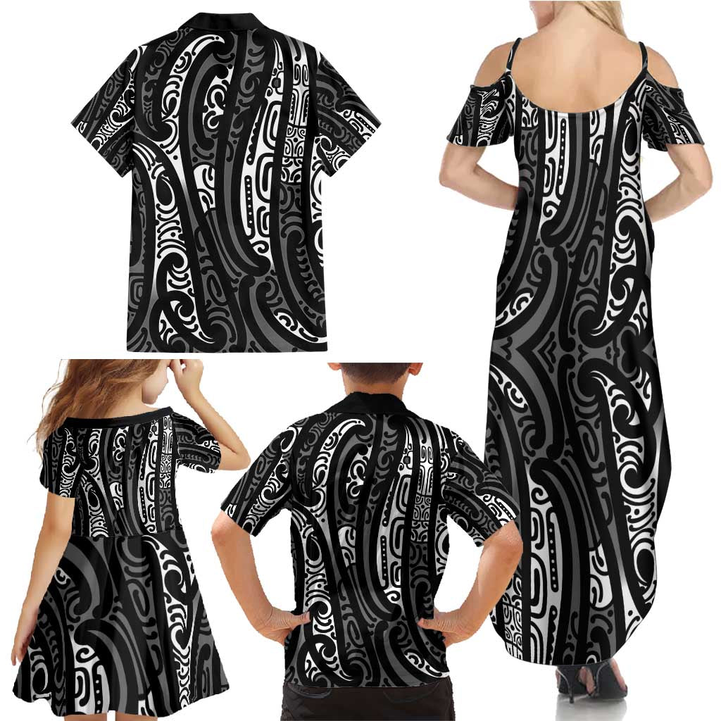 New Zealand Maori Taniko Family Matching Summer Maxi Dress and Hawaiian Shirt Black Kowhaiwhai Puhoro LT9 - Polynesian Pride