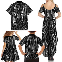 New Zealand Maori Taniko Family Matching Summer Maxi Dress and Hawaiian Shirt Black Kowhaiwhai Puhoro LT9 - Polynesian Pride