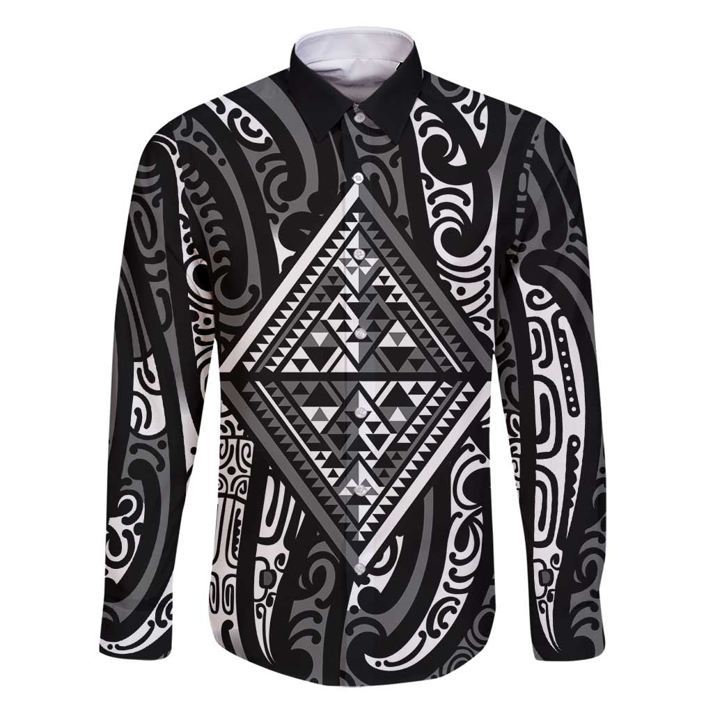 New Zealand Maori Taniko Family Matching Summer Maxi Dress and Hawaiian Shirt Black Kowhaiwhai Puhoro LT9 Dad's Shirt - Long Sleeve Black - Polynesian Pride