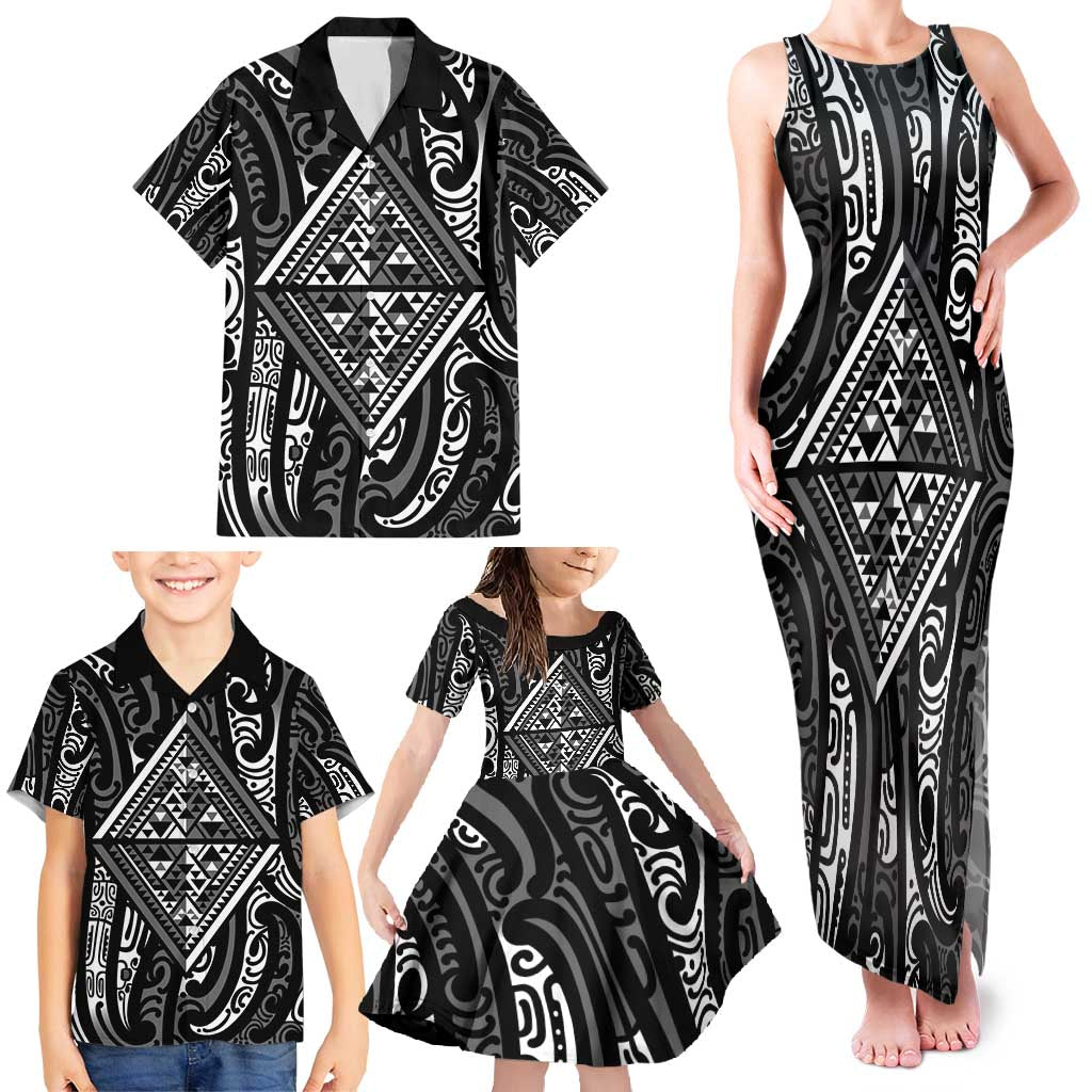 New Zealand Maori Taniko Family Matching Tank Maxi Dress and Hawaiian Shirt Black Kowhaiwhai Puhoro LT9 - Polynesian Pride