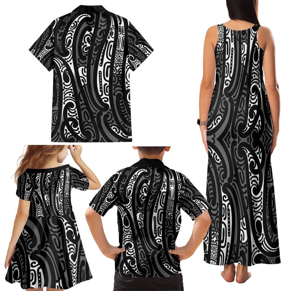 New Zealand Maori Taniko Family Matching Tank Maxi Dress and Hawaiian Shirt Black Kowhaiwhai Puhoro LT9 - Polynesian Pride