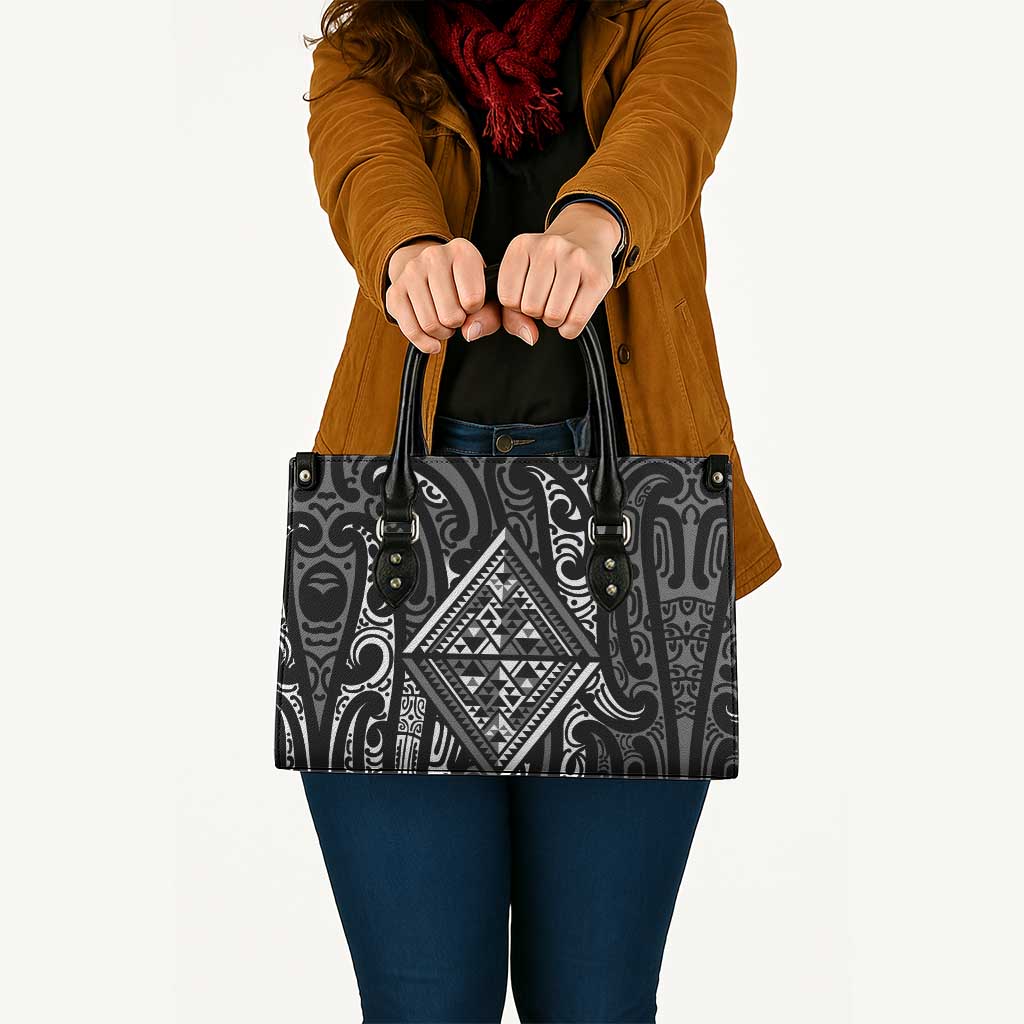 New Zealand Maori Taniko Leather Bag Black Kowhaiwhai Puhoro - Polynesian Pride