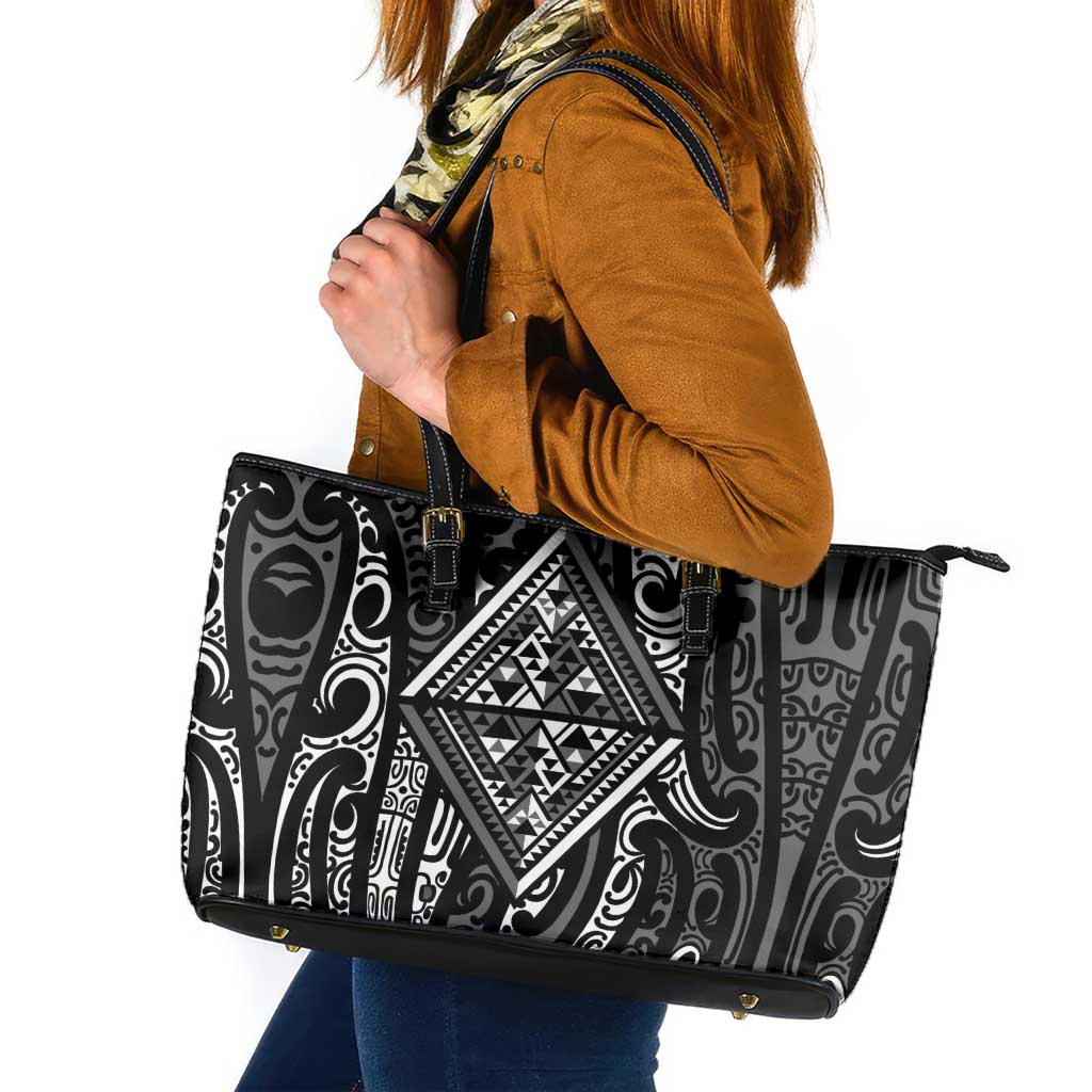 New Zealand Maori Taniko Leather Tote Bag Black Kowhaiwhai Puhoro