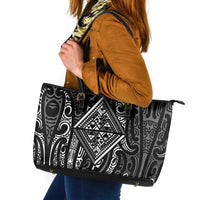New Zealand Maori Taniko Leather Tote Bag Black Kowhaiwhai Puhoro