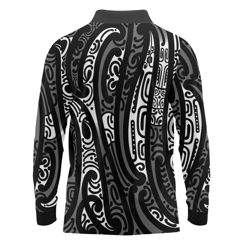 New Zealand Maori Taniko Long Sleeve Polo Shirt Black Kowhaiwhai Puhoro