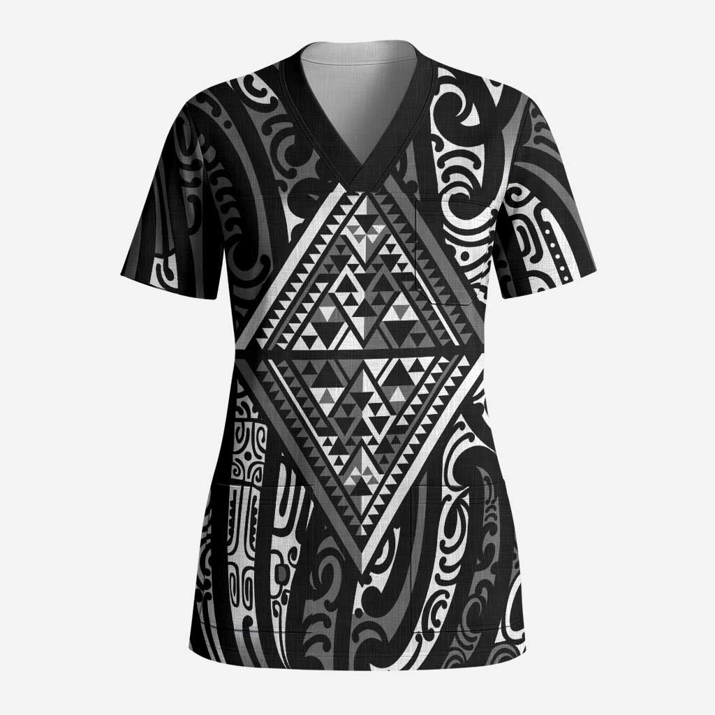 New Zealand Maori Taniko Scrub Top Black Kowhaiwhai Puhoro - Polynesian Pride