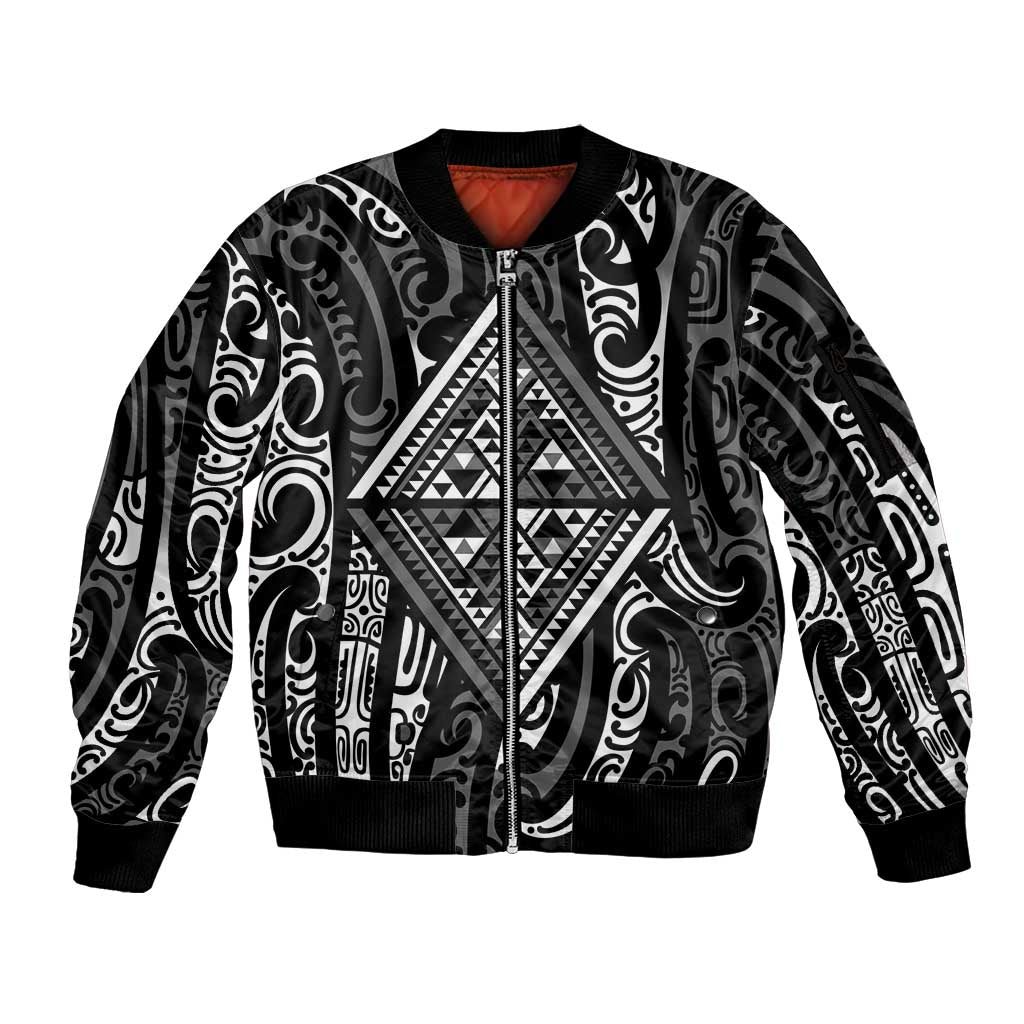 New Zealand Maori Taniko Sleeve Zip Bomber Jacket Black Kowhaiwhai Puhoro LT9 Unisex Black - Polynesian Pride