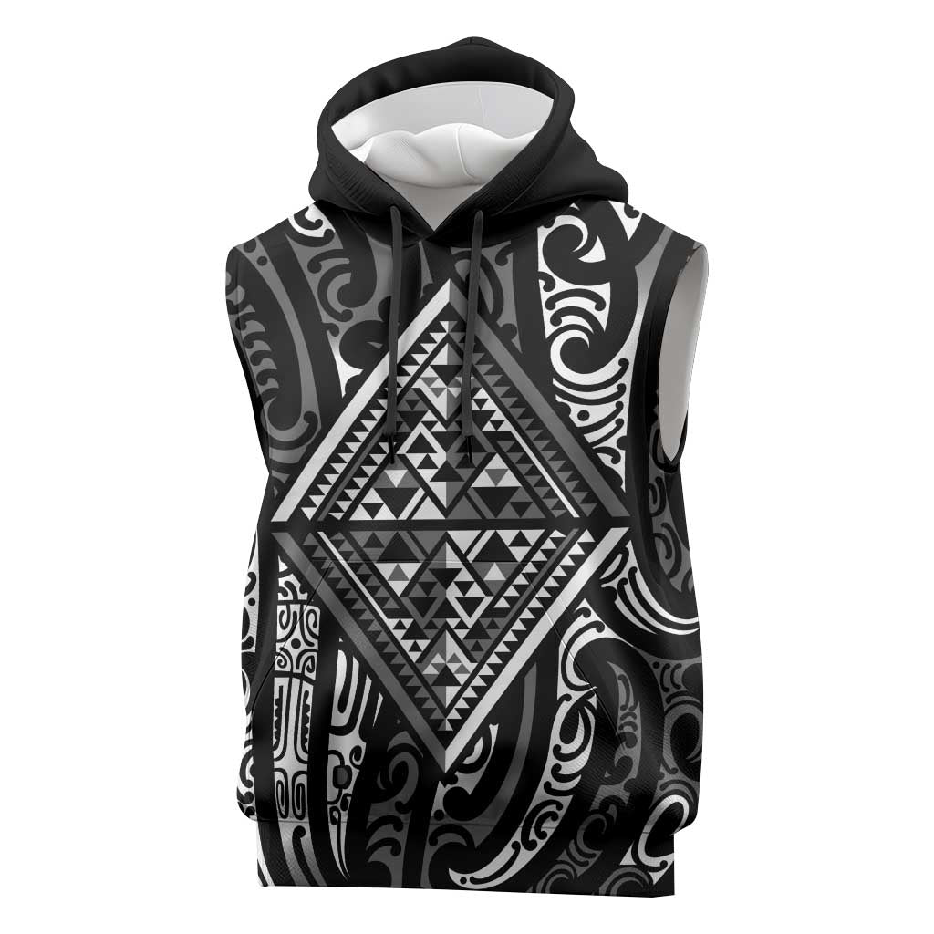New Zealand Maori Taniko Sleeveless Hoodie Black Kowhaiwhai Puhoro - Polynesian Pride