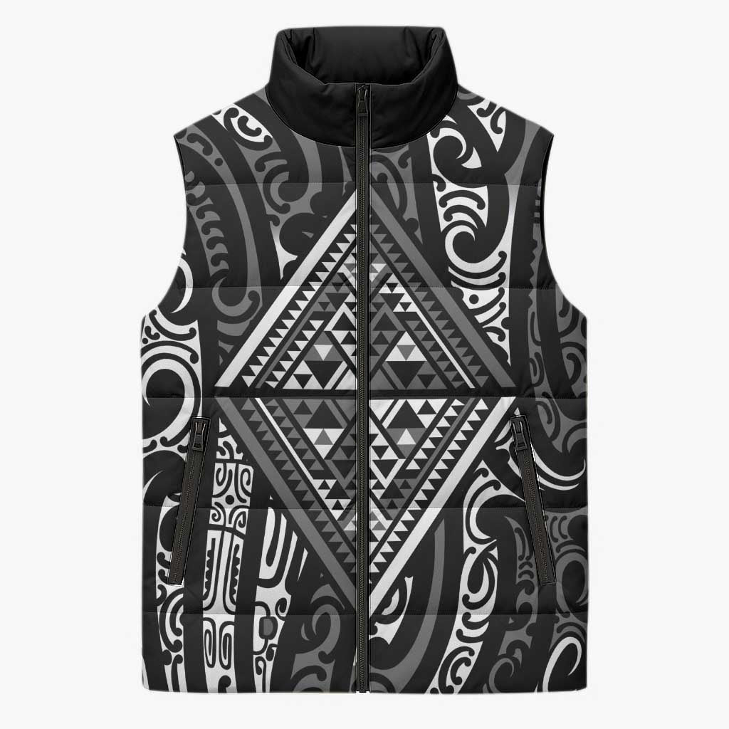New Zealand Maori Taniko Sleeveless Puffer Jacket Black Kowhaiwhai Puhoro - Polynesian Pride