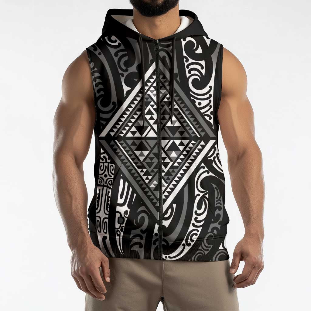 New Zealand Maori Taniko Sleeveless Zip Hoodie Black Kowhaiwhai Puhoro - Polynesian Pride
