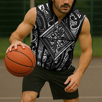 New Zealand Maori Taniko Sleeveless Zip Hoodie Black Kowhaiwhai Puhoro - Polynesian Pride