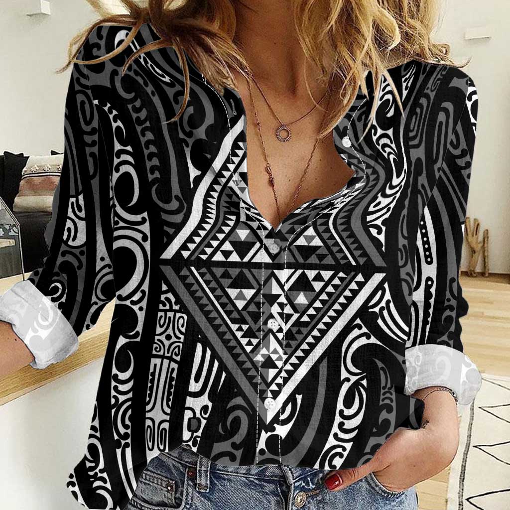 New Zealand Maori Taniko Women Casual Shirt Black Kowhaiwhai Puhoro LT9 Female Black - Polynesian Pride