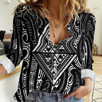 New Zealand Maori Taniko Women Casual Shirt Black Kowhaiwhai Puhoro LT9 Female Black - Polynesian Pride