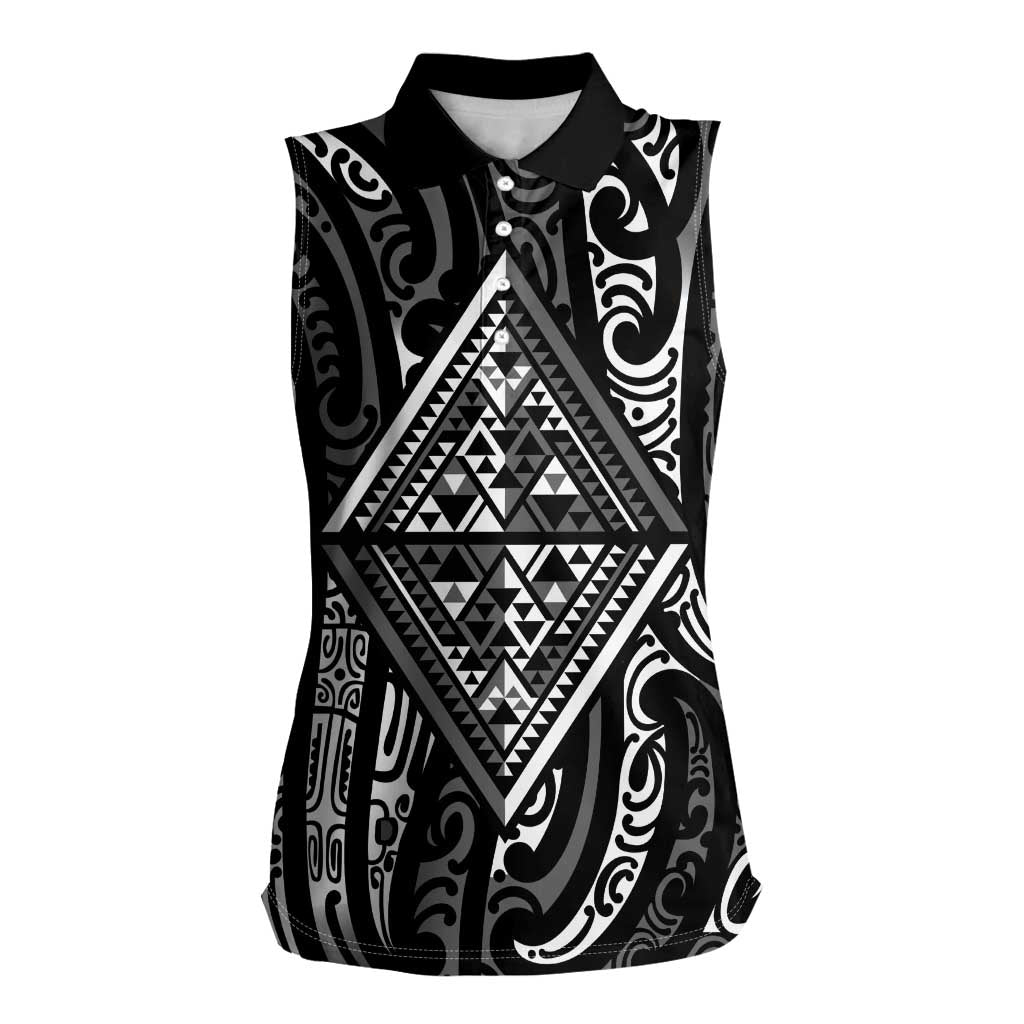 New Zealand Maori Taniko Women Sleeveless Polo Shirt Black Kowhaiwhai Puhoro