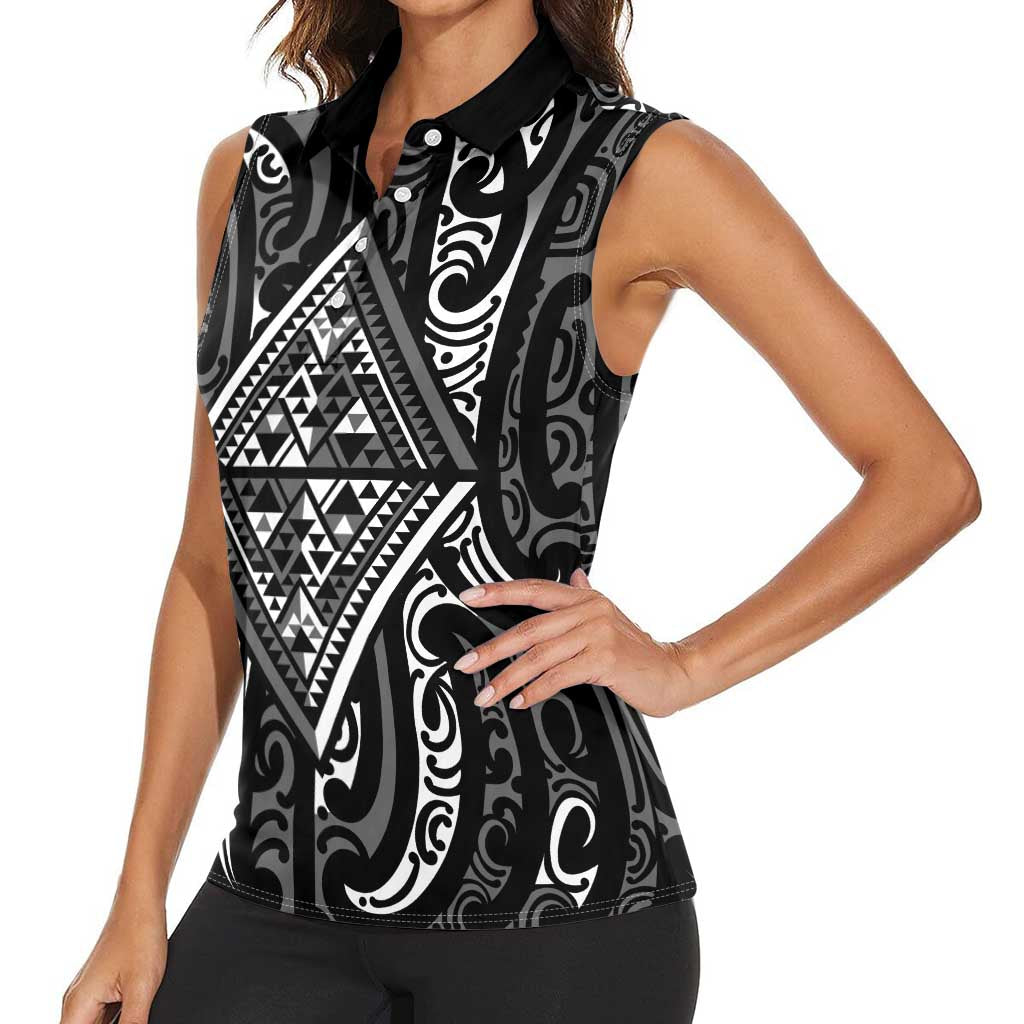 New Zealand Maori Taniko Women Sleeveless Polo Shirt Black Kowhaiwhai Puhoro