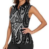 New Zealand Maori Taniko Women Sleeveless Polo Shirt Black Kowhaiwhai Puhoro