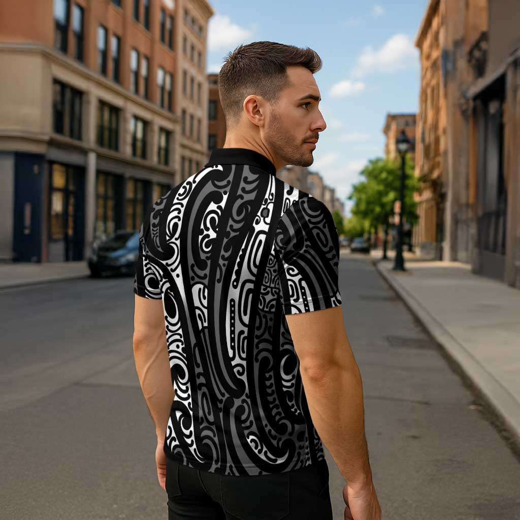 New Zealand Maori Taniko Zipper Polo Shirt Black Kowhaiwhai Puhoro - Polynesian Pride