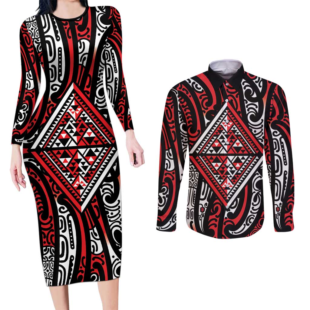 New Zealand Maori Taniko Couples Matching Long Sleeve Bodycon Dress and Long Sleeve Button Shirt Red Kowhaiwhai Puhoro LT9 Red - Polynesian Pride
