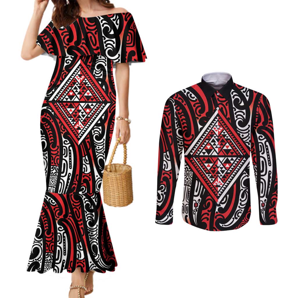 New Zealand Maori Taniko Couples Matching Mermaid Dress and Long Sleeve Button Shirt Red Kowhaiwhai Puhoro LT9 Red - Polynesian Pride