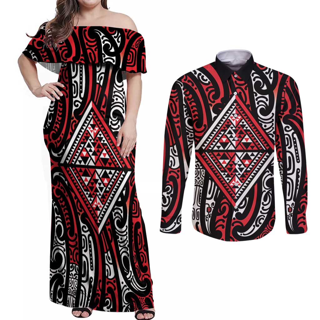 New Zealand Maori Taniko Couples Matching Off Shoulder Maxi Dress and Long Sleeve Button Shirt Red Kowhaiwhai Puhoro LT9 Red - Polynesian Pride